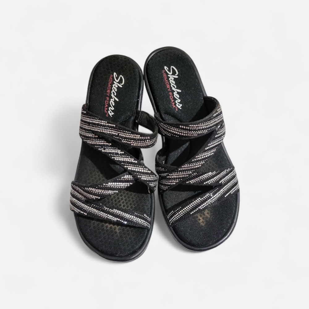 Skechers Black Strappy Rhinestone Wedge Sandals